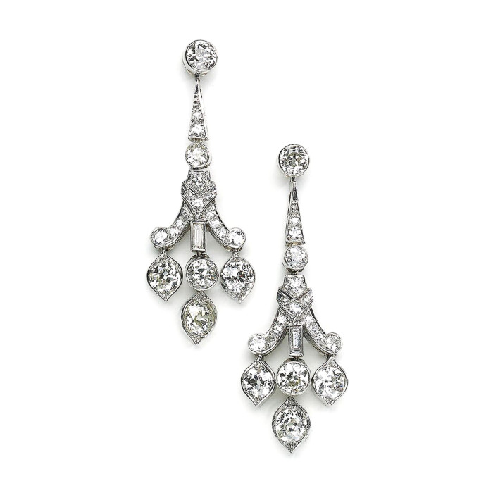 Art Deco Diamond and Platinum Drop Earrings, Circa 1920
