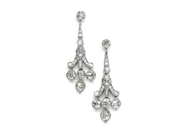Art Deco Diamond and Platinum Drop Earrings, Circa 1920