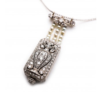 Tiffany & Co. Art Deco Diamond Pearl and Platinum Pendant Watch, Circa 1925
