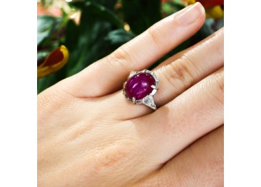 Modern Cabochon Star Ruby Diamond and Platinum Ring, 8.60 Carats