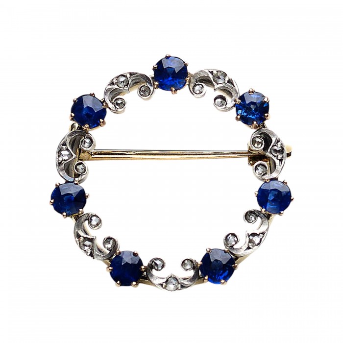 Edwardian Sapphire Diamond Gold and Silver Circle Brooch, Circa 1900