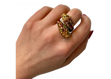 Vintage Enamel and Gold Double Lion Head Ring by Zolatas, Circa 1980