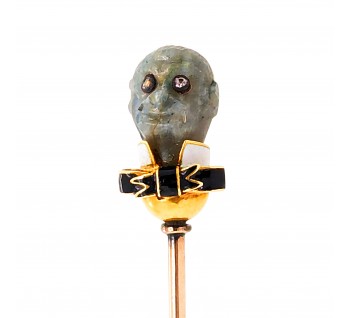 Antique Labradorite Diamond Enamel and Gold Monkey Head Stick Pin, Circa 1920