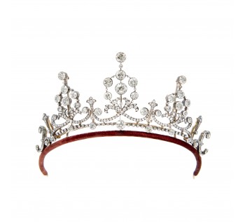Antique Diamond and Silver Upon Gold Tiara Necklace, Circa 1900, 45.62 Carats