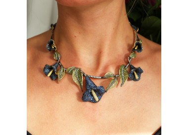 Moira Sapphire Diamond Plique à Jour Enamel Silver and Gold Calla Lily Necklace