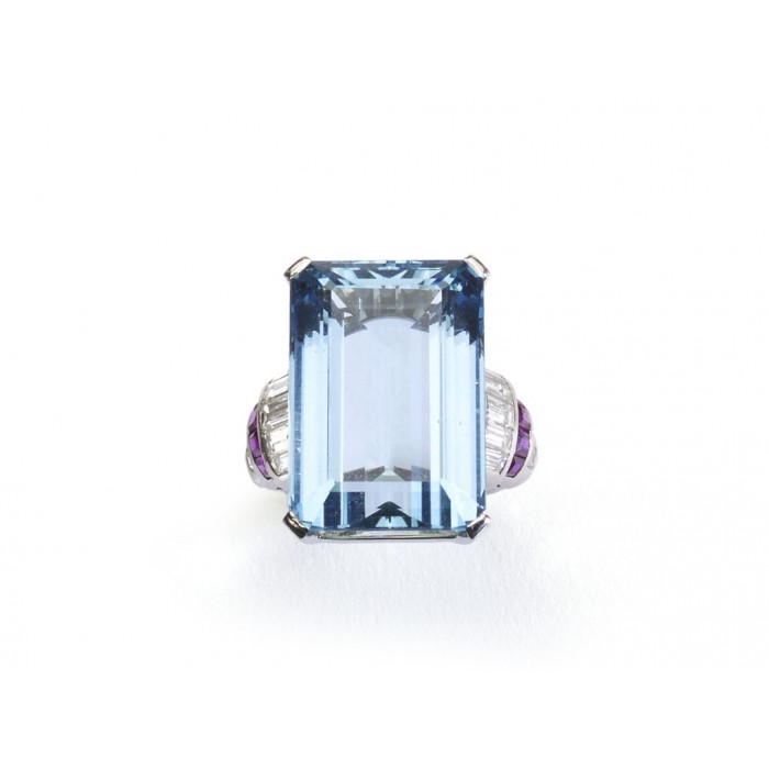 Aquamarine, Diamond and Ruby Ring