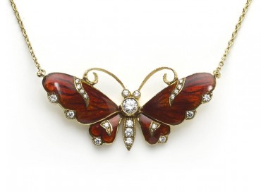 Modern Red Enamel Diamond and Gold Butterfly Pendant