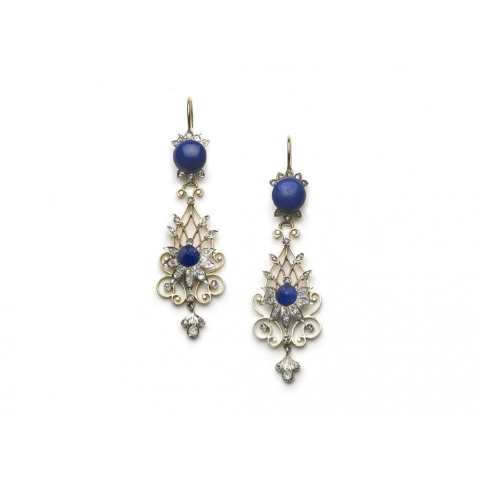 Victorian Lapis Lazuli and Diamond Filigree Drop Earrings
