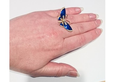 Blue Enamel Diamond and Gold Butterfly Ring, modelled