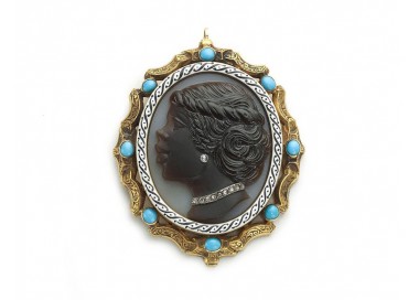 Sardonyx, Turquoise, Diamond, Enamel and Gold Cameo Pendant, Circa 1870