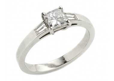 Princess Cut Solitaire Diamond and Platinum Ring with Baguette Shoulders, 0.71ct