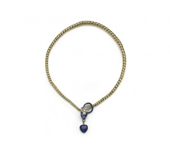 Antique Blue Enamel Pearl and Gold Snake Necklace With Heart Locket Circa 1850