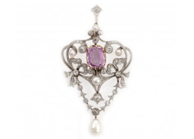 Pink Sapphire, Pearl and Diamond Pendant