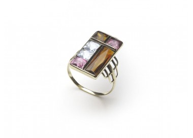 Vintage Citrine Aquamarine Pink Tourmaline and Gold Multi Gem Ring, Circa 1975