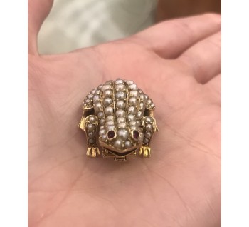 Antique Gold, Pearl & Ruby Frog Brooch, Circa 1900