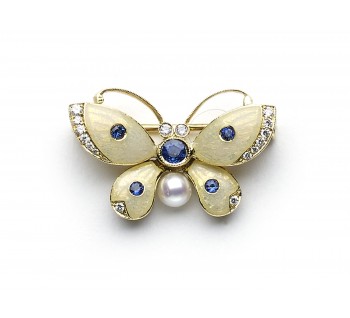 Enamel Sapphire Diamond Pearl and Gold Butterfly Brooch