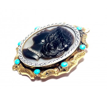 Antique Sardonyx, Turquoise, Diamond, Enamel and Gold Cameo Pendant, Circa 1870