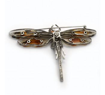 Mocha Stone Agate, Diamond, Padparadscha Sapphire and White Gold Dragonfly Brooch