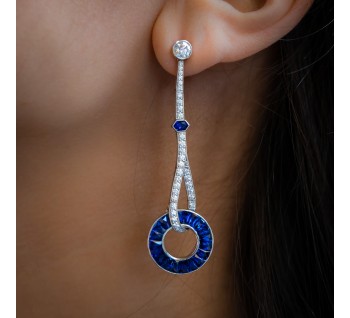 Modern Sapphire Diamond and Platinum Drop Earrings