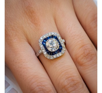 Art Deco Sapphire Diamond and Platinum Ring, 1.30ct