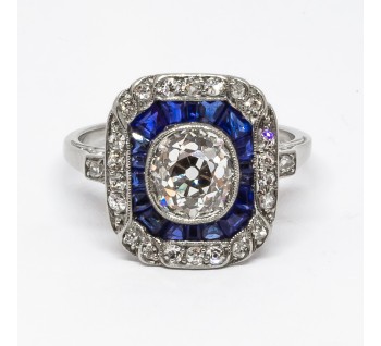 Art Deco Sapphire Diamond and Platinum Ring, 1.30ct