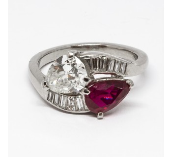 Vintage Ruby Diamond and Platinum Crossover Ring, Circa 1950