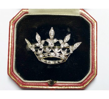 Antique Diamond Platinum and Gold Crown Brooch, Circa 1915