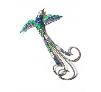Sapphire, Diamond And Emerald Set Bird Brooch