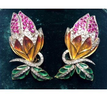 Enamel, Ruby and Diamond Flower Bud Earrings