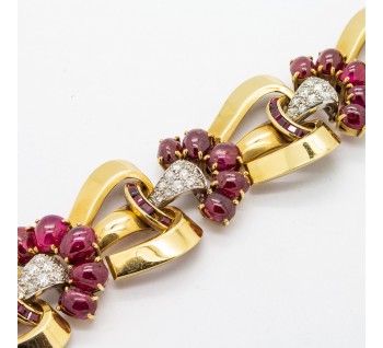 French Vintage Ruby Diamond and Gold Bracelet, Circa 1947