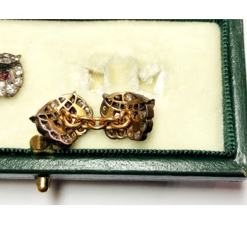 Diamond Ruby Silver and Gold Owl Cufflinks, Circa 1970