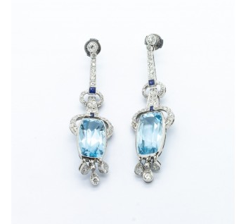Modern Aquamarine, Sapphire, Diamond and  Platinum Earrings