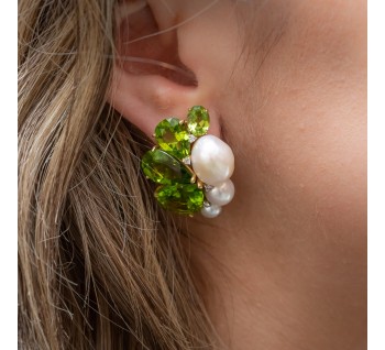 Modern Peridot, Pearl, Diamond and Gold Earrings