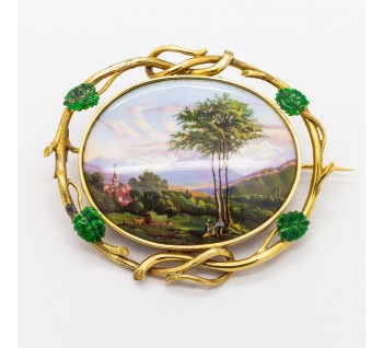 Antique Swiss Enamel and Gold Brooch, Circa 1870