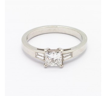 Solitaire Princess Cut Diamond and Platinum Ring with Baguette Diamond Shoulders, 0.71ct