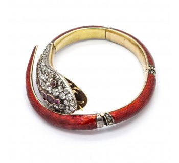Victorian Red Enamel Diamond and Ruby Snake Bangle, Circa 1860