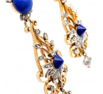 Victorian Lapis Lazuli and Diamond Filigree Drop Earrings