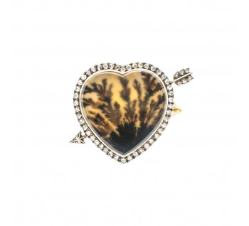 Antique Fabergé Dendritic Agate Diamond Gold and Silver Heart Brooch,  Workmaster Feodor Afanassiev, Circa 1915