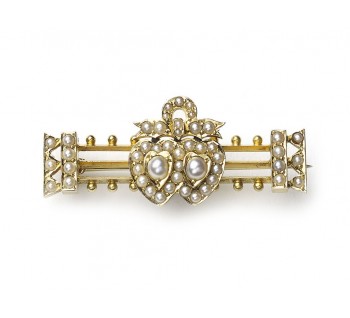 Victorian Seed Pearl Double Heart and Bow Brooch, Circa 1875