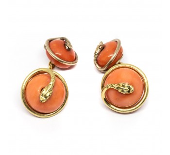 Coral and Gold Snake Cufflinks, Circa 1890