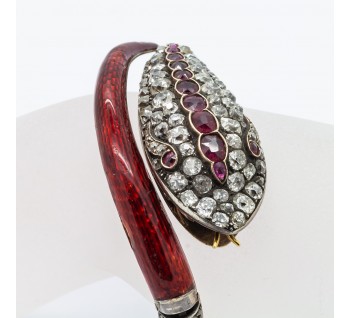 Victorian Red Enamel Diamond and Ruby Snake Bangle, Circa 1860