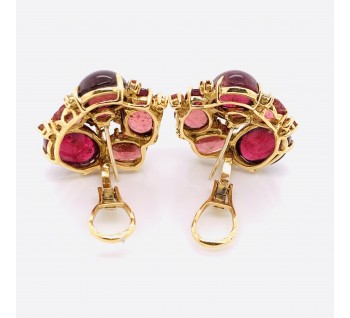 Modern Pink Tourmaline Diamond and Gold Cluster Earrings