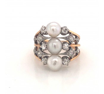 French Art Nouveau Pearl Diamond Platinum and Gold Three Row Ring, Circa 1900