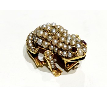 Antique Gold, Pearl & Ruby Frog Brooch, Circa 1900