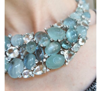 Aquamarine and Diamond Cluster Necklace