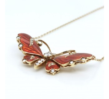 Red Enamel Diamond and Gold Butterfly Pendant