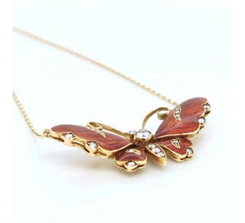 Modern Red Enamel, Diamond and Gold Butterfly Pendant