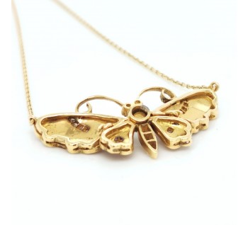 Red Enamel Diamond and Gold Butterfly Pendant
