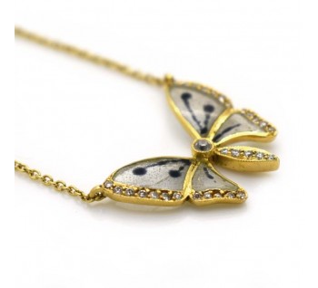 Plique à Jour Enamel Diamond and Gold Butterfly Pendant Necklace