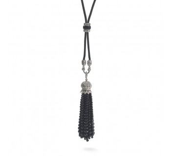 Black Onyx Bead and Diamond Tassel Pendant Necklace, Circa 1930